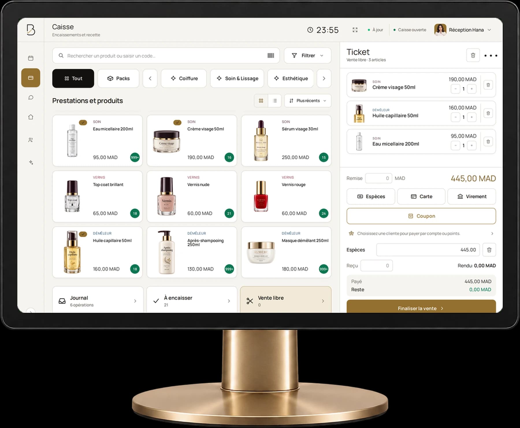 Caisse de BeautyOS en vente libre : trois produits au ticket, payés en espèces